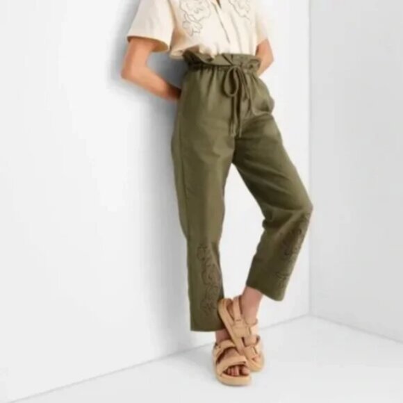 Women's High-Waisted Eyelet Pants - Future Collective™ Olive Green 10 - Picture 1 of 9